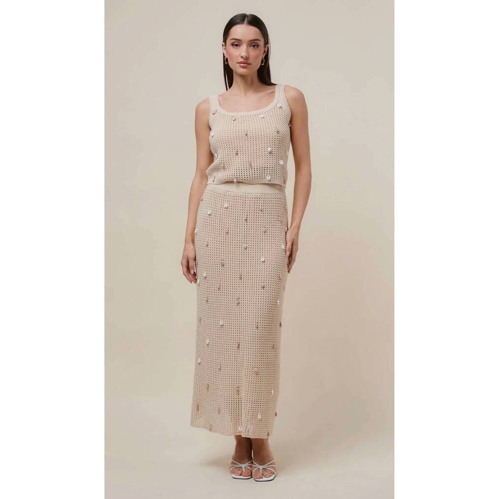 NEW ABLE katherine seashell embellished crochet knit midi skirt & tank set in ta